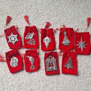 Avon Pewter Holiday Ornaments with Red Pouches